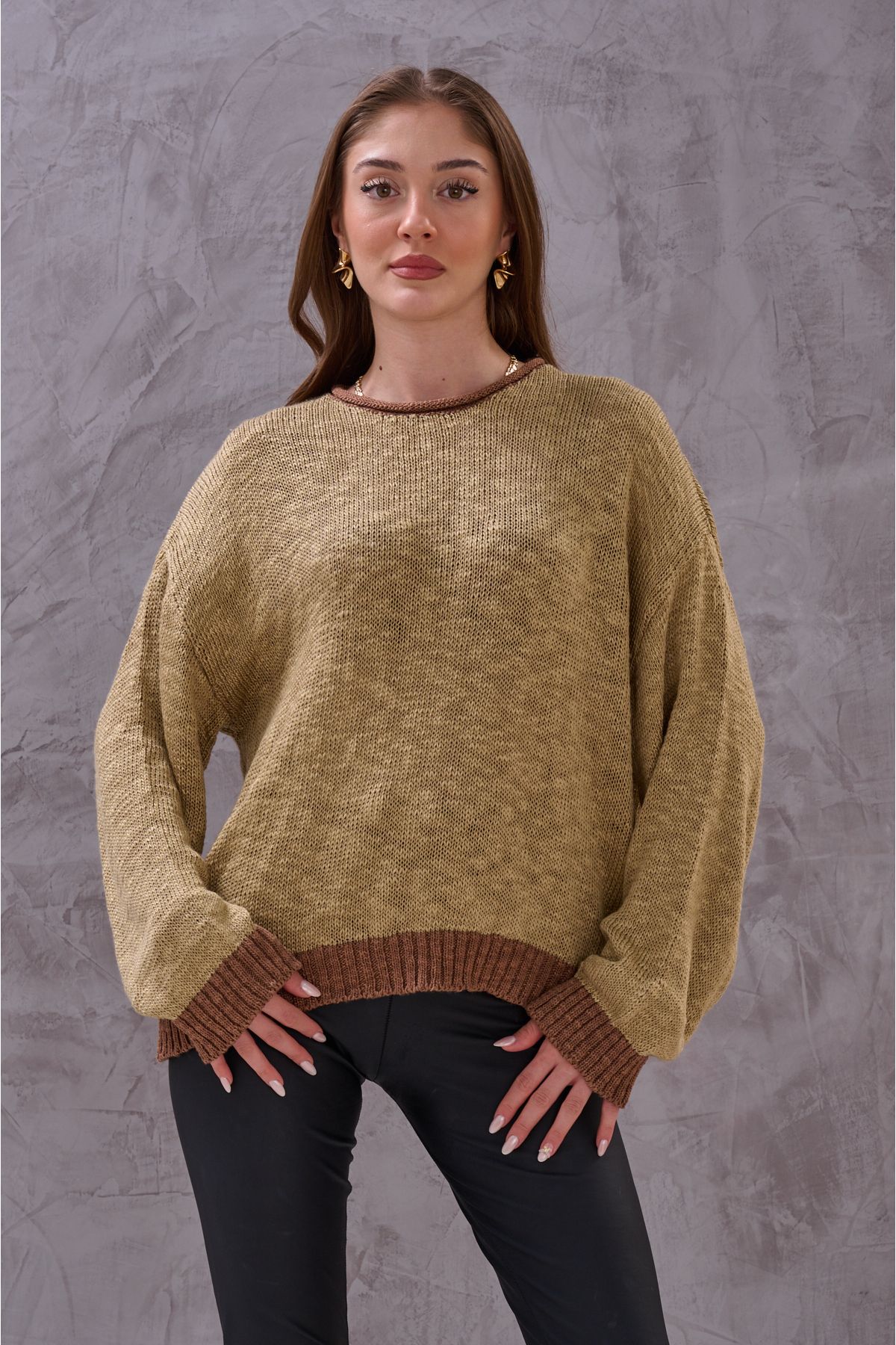 Kadın Şeritli Renk Blok Triko Şık Yumuşak Kazak - Sarı