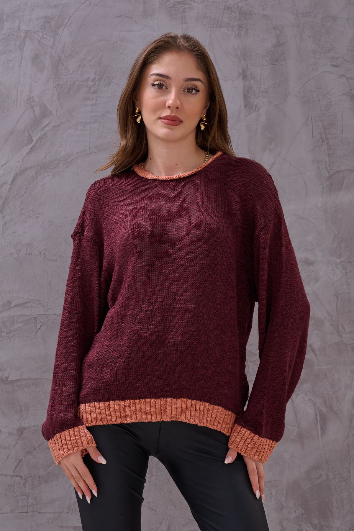 Kadın Şeritli Renk Blok Triko Şık Yumuşak Kazak - Bordo
