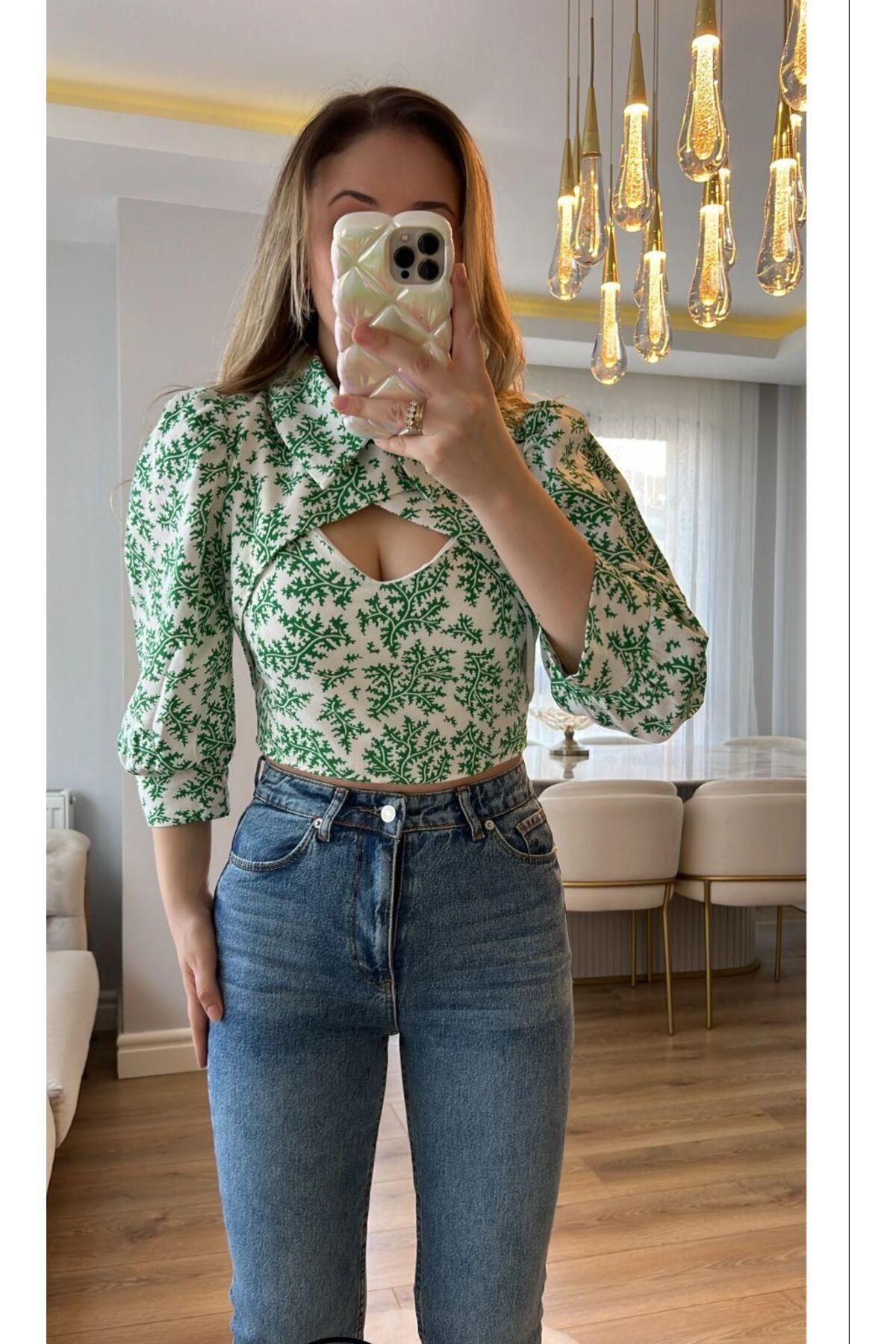 Kadın Tasarım Keten Bluz - Yeşil