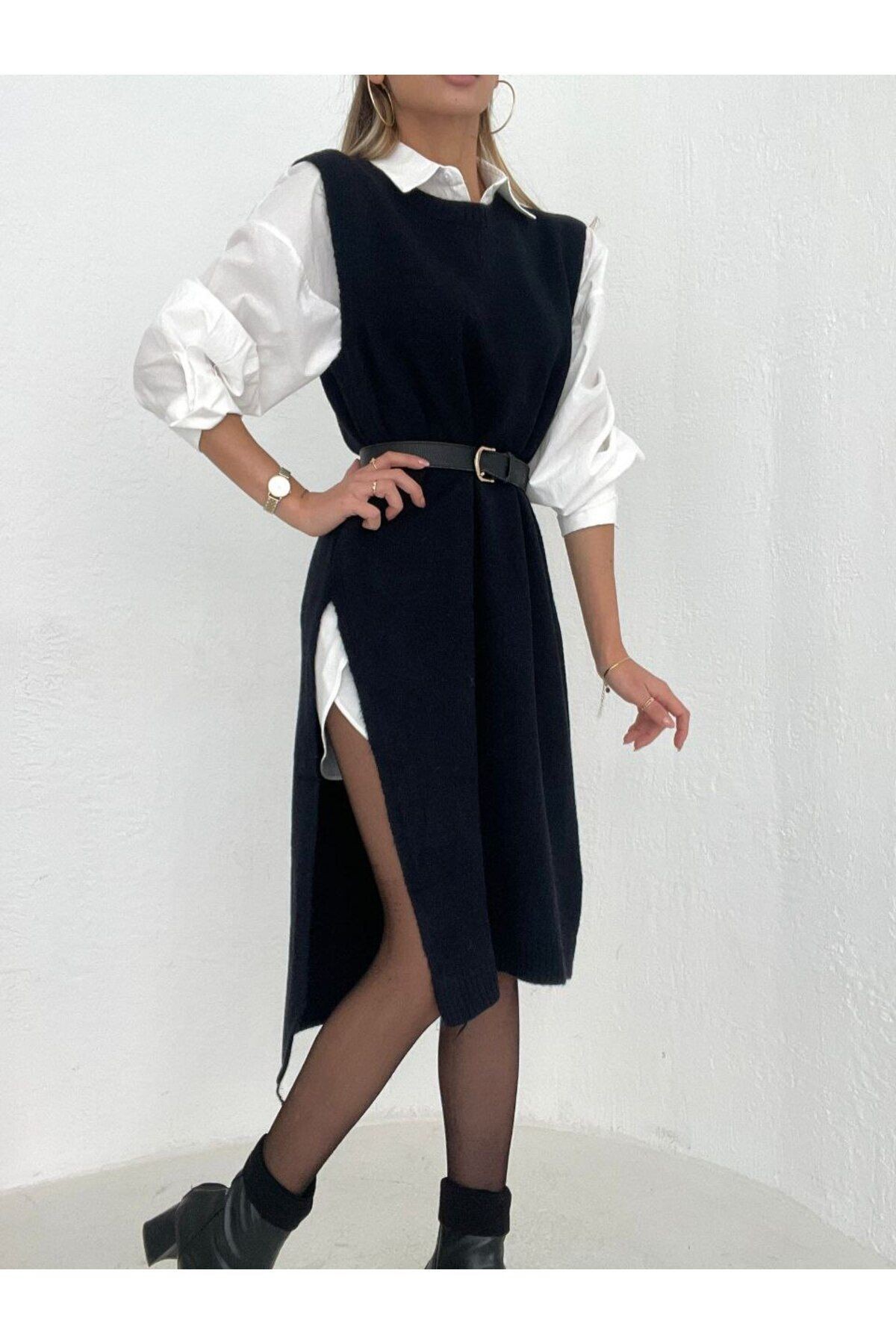 Kadın Oversize Yanı Yırtmaçlı Tunik Triko - Mor