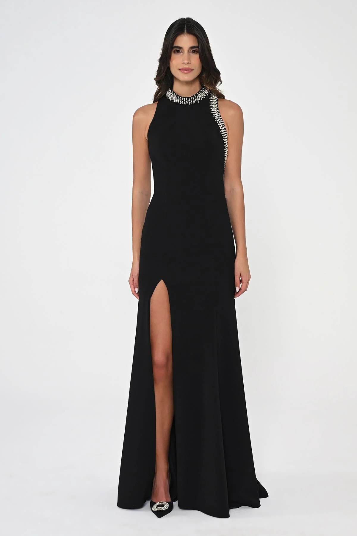 Black Long Dress with Stone Embellishments, Backless Design, and Front Slit