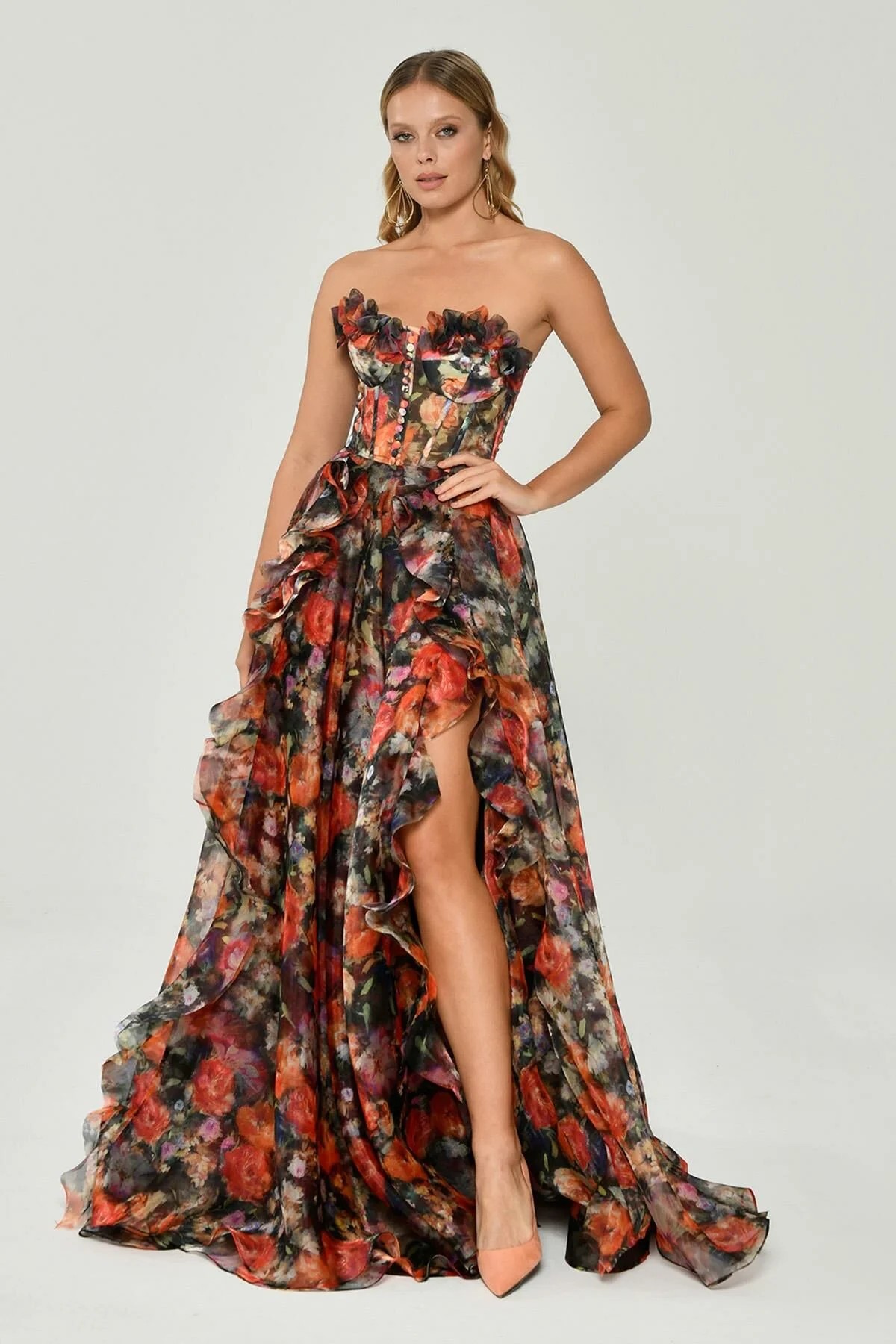 Strapless Slit Patterned Tulle Long Dress