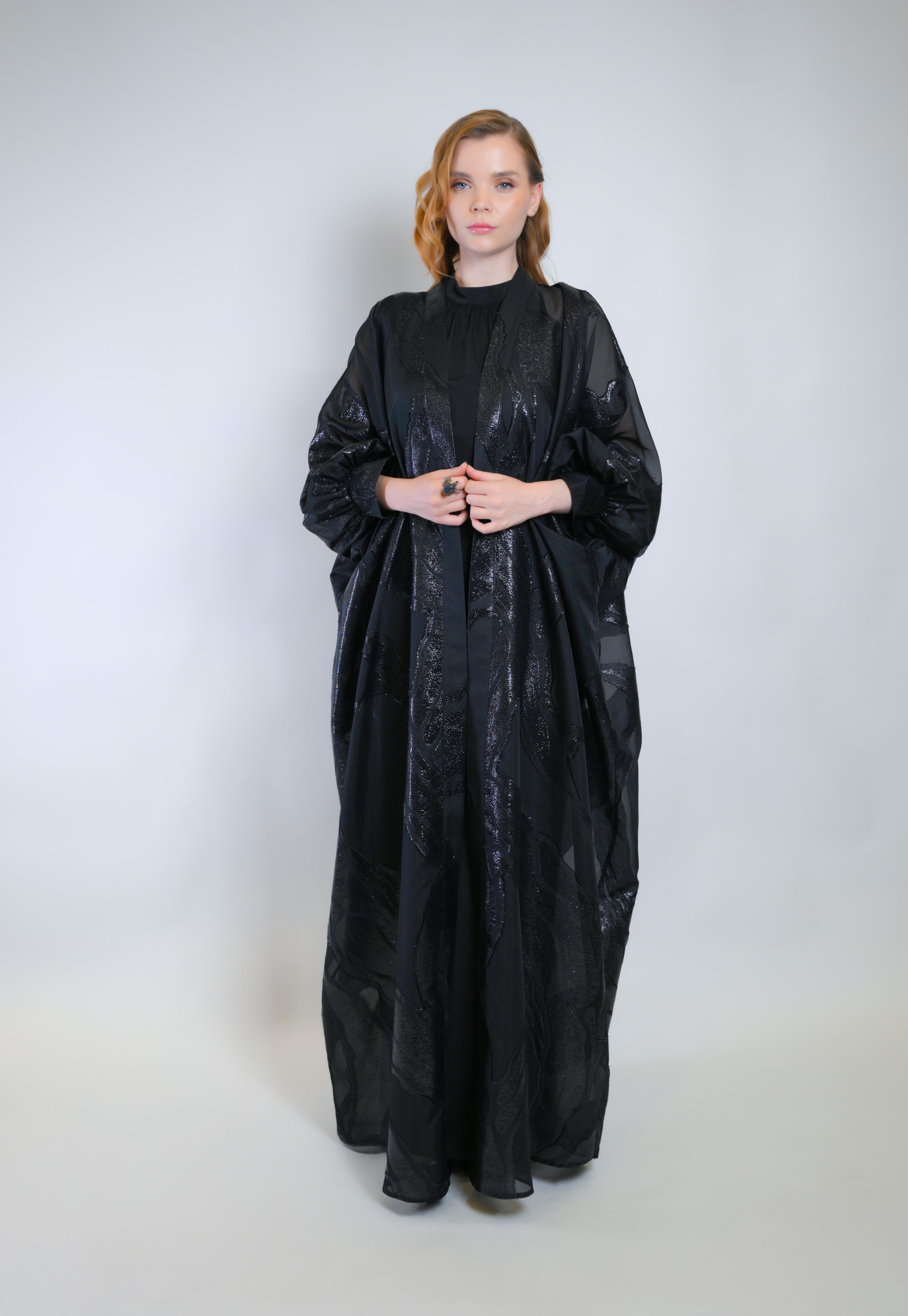 Işıltılı Siyah Jakar Kumaş Ve İç Elbiseli Sendi Kumaş İkili Takım Abaya