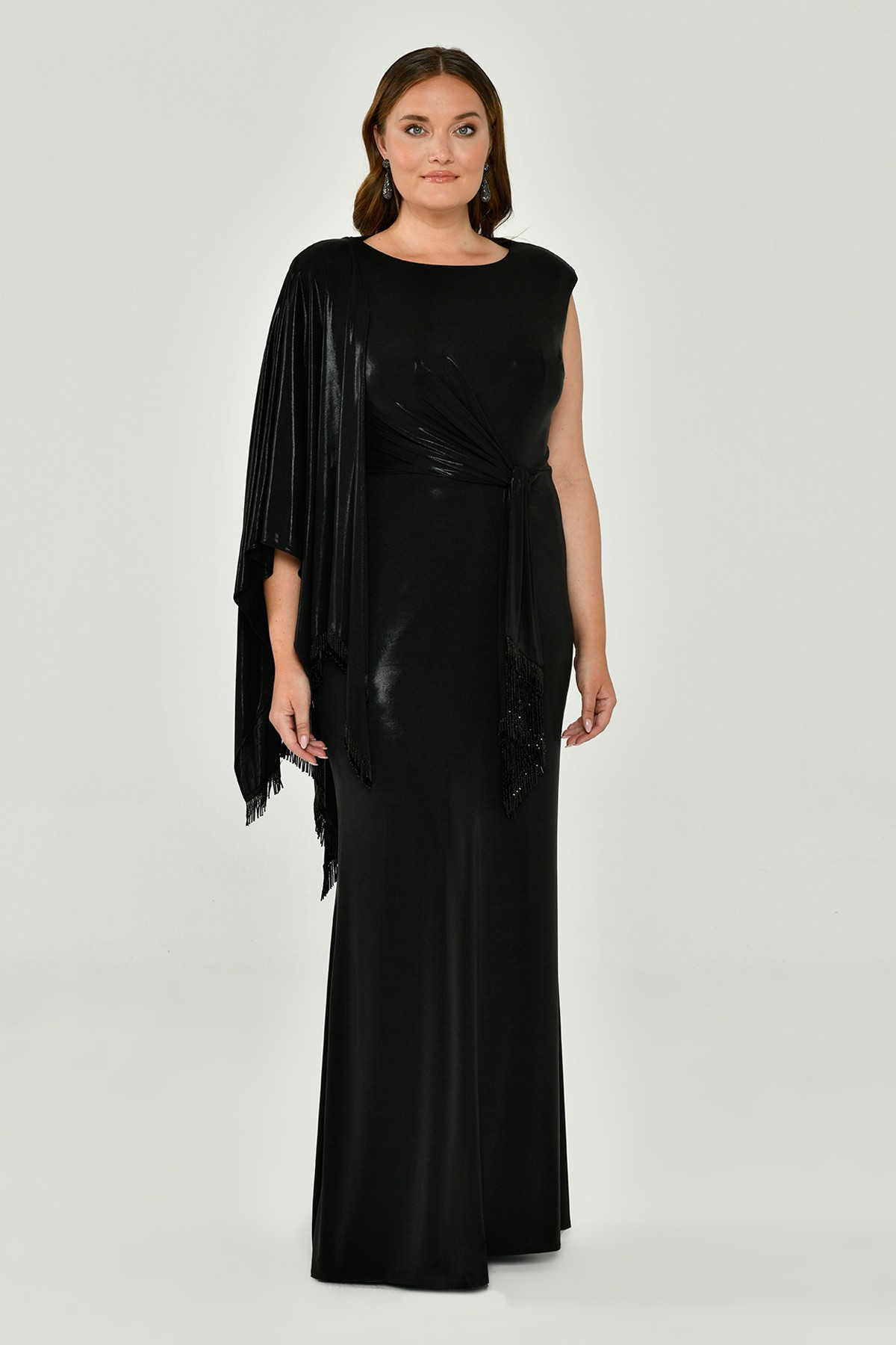 One-Shoulder Shiny Fabric Long Dress with Shawl, Tassel Belt