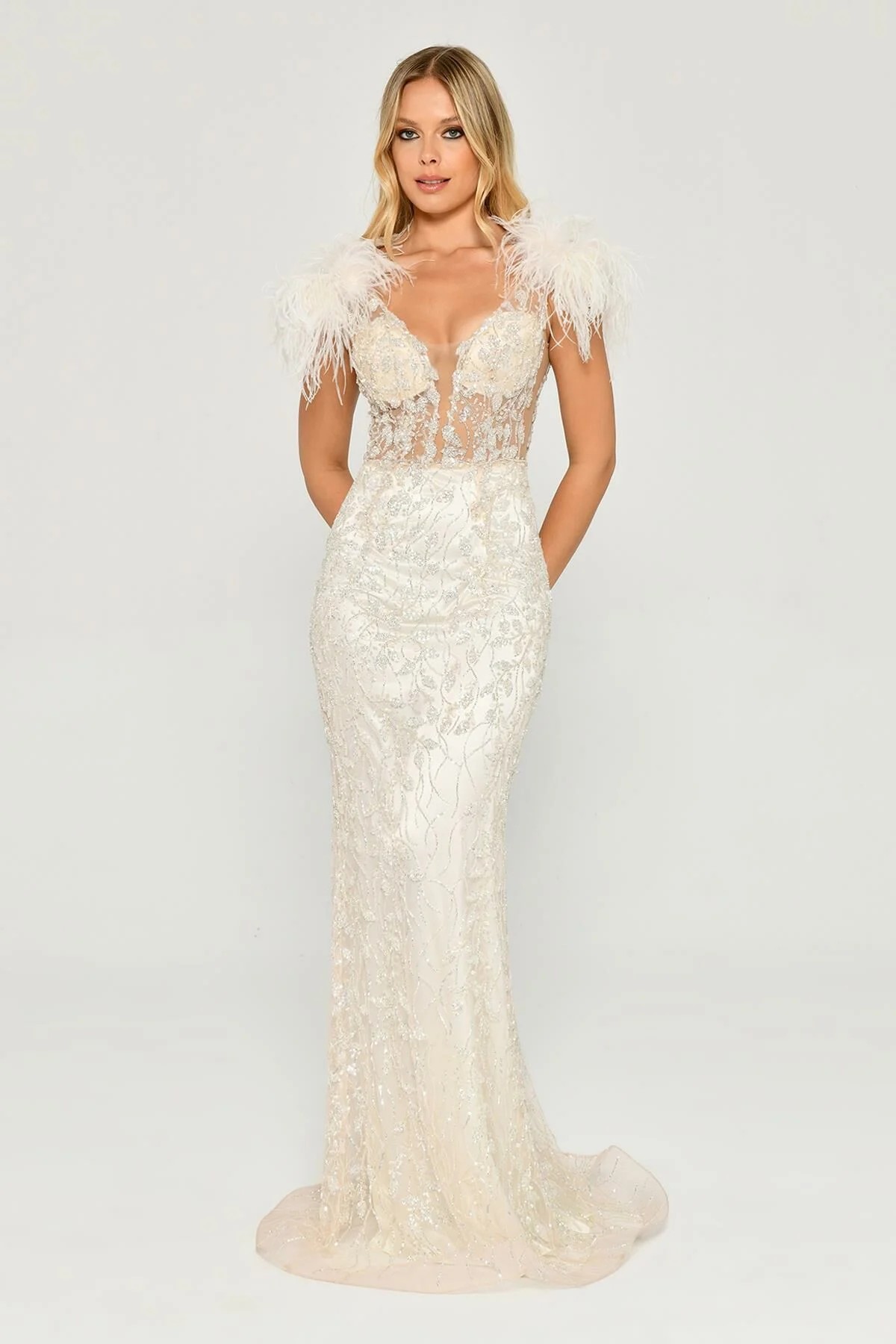 Long Dress with Feathered Shoulders and Embellishments