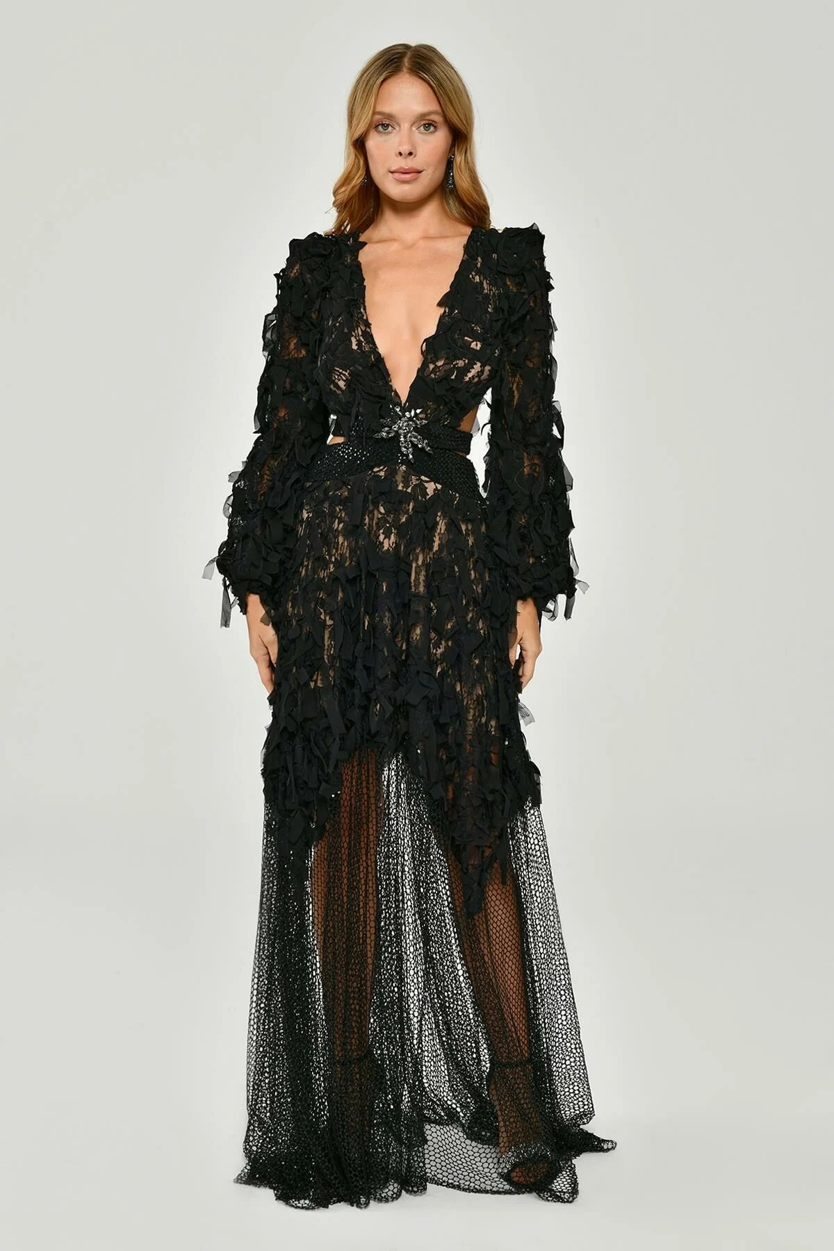 Long Sleeve Deep V-Neck Back Lace-Up Long Dress