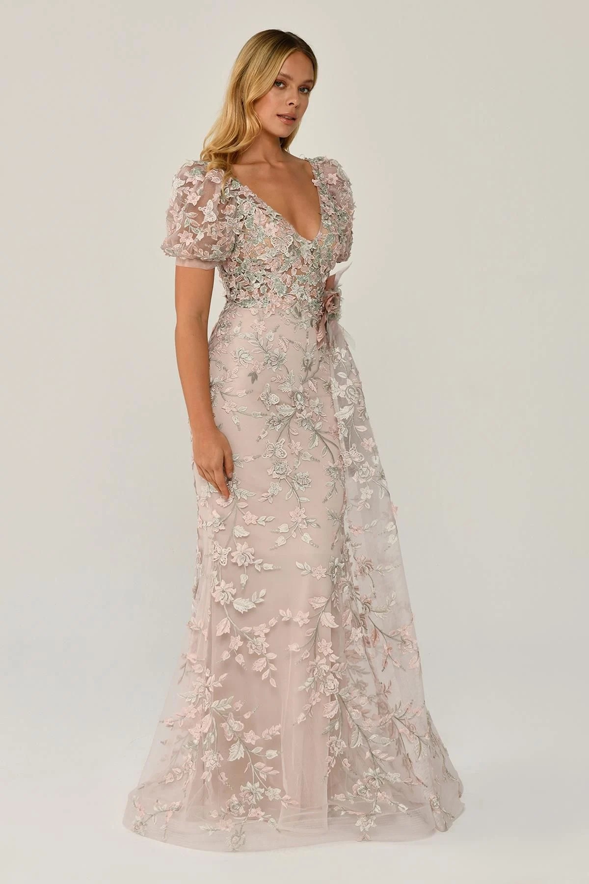 Puff Sleeve Long Guipure Lace Dress
