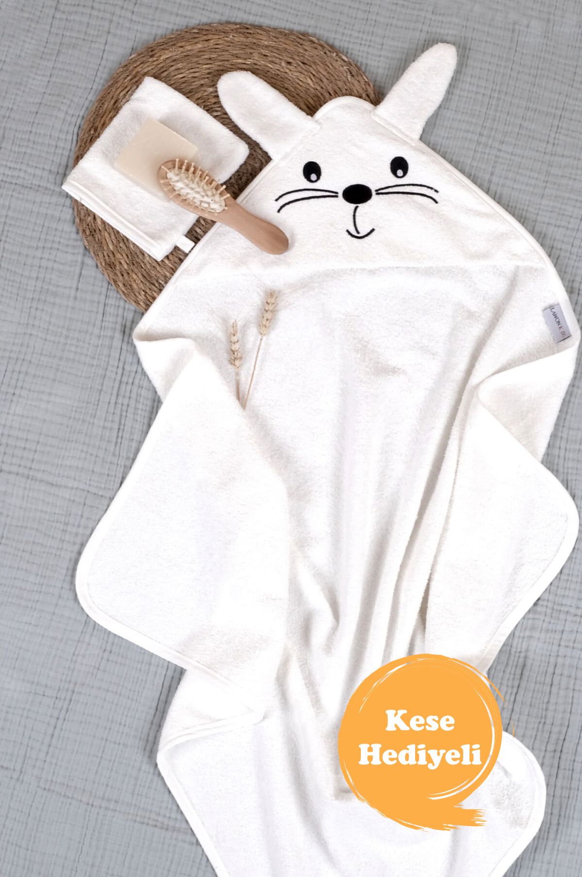 Lawon Kids %100 Pamuk Tavşan Desen Nakışlı ve Kese Hediyeli Bebek Havlu Kundak *Beyaz