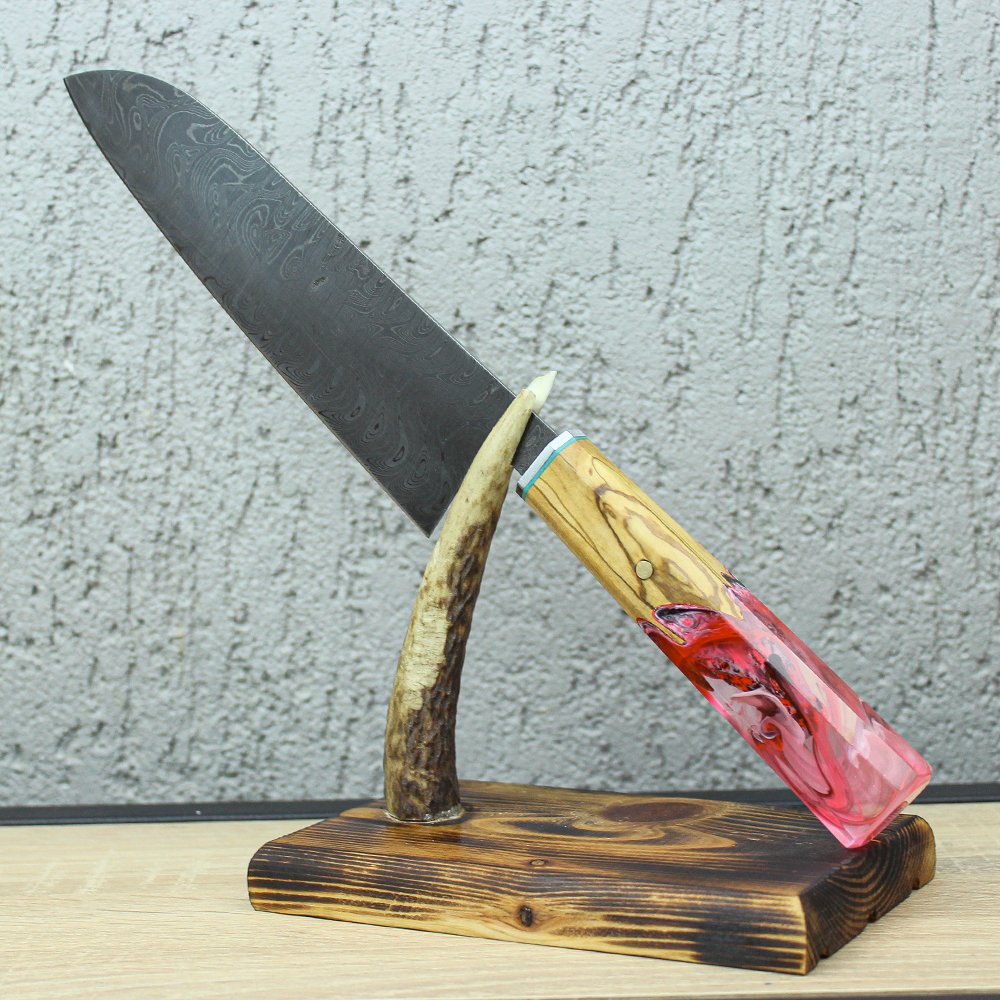 Damascus Santoku Şef Bıçağı 32 cm - Kırmızı