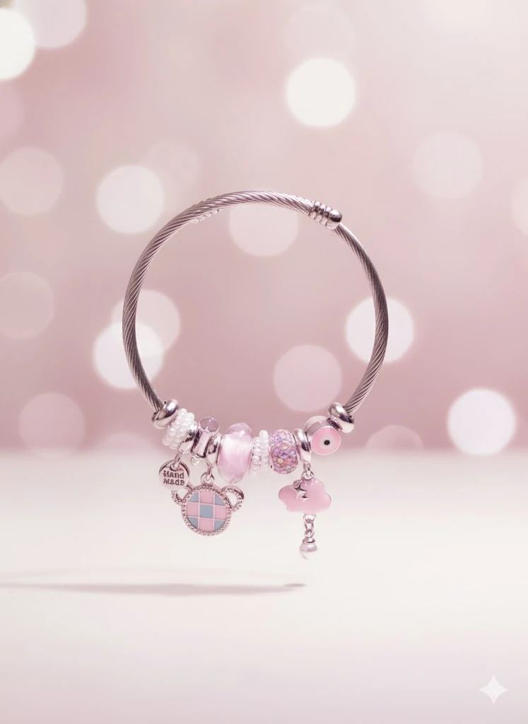 Sedefli Pembe Boncuklu Çelik Charm Bileklik