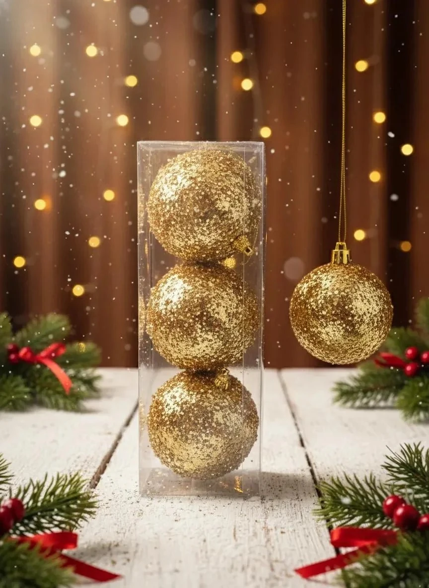 3'lü Lüks Altın Simli Yılbaşı Ağacı Topları Seti (Parlak ve Işıltılı) 8cm