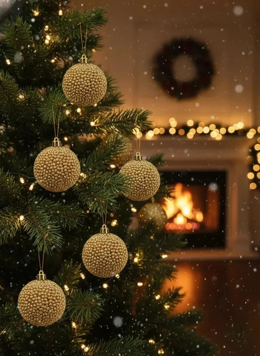 3'lü Altın Rengi Ponpon Dokulu Lüks Yılbaşı Ağacı Süsü Seti 8cm