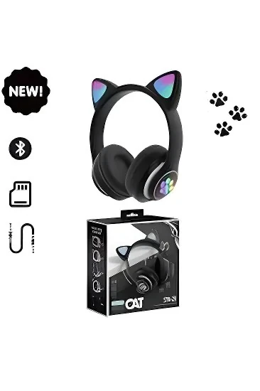 Kedi Kulaklık (Siyah) Bluetooth LED Işıklı Hafıza Kartı Girişli Kulak Üstü 