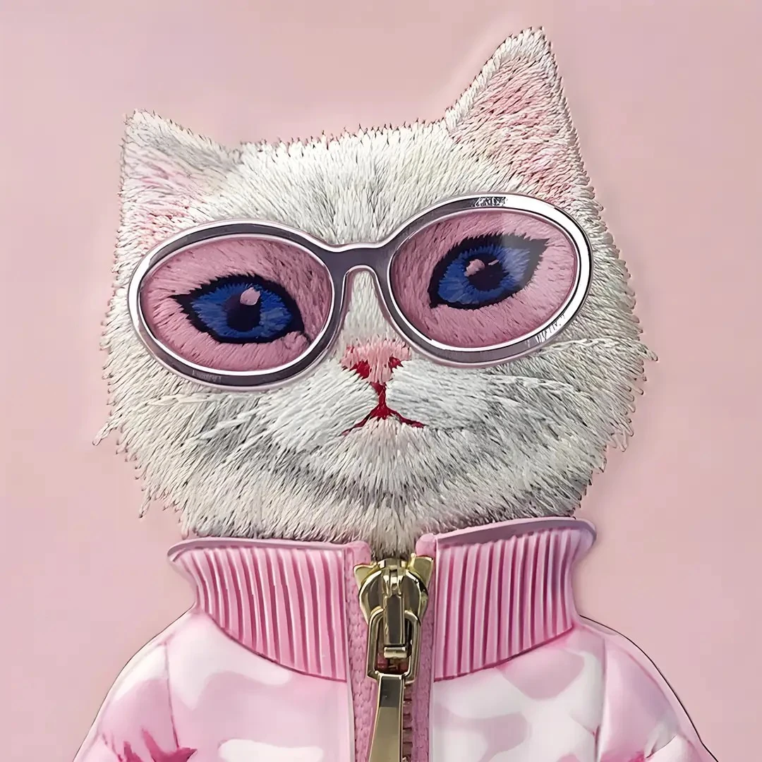 NIMMY iPhone 15 Pro Max 3D Gerçek Nakış İşlemeli Kabartmalı Gözlük Fermuar Mont Kedicik Detaylı Cool Cute 2.0 Silikon Kılıf