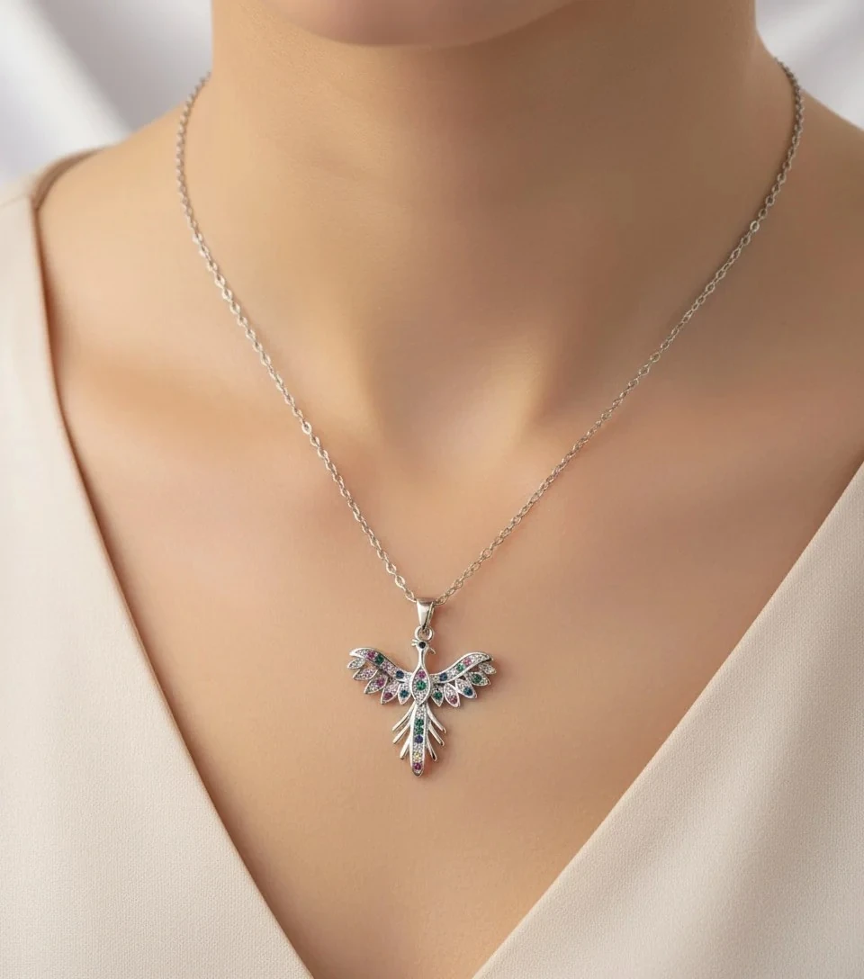 Renkli Zirkon Taşlı Gümüş Renk Kuş Model Kadın Kolye