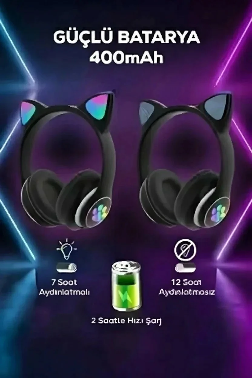 Kedi Kulaklık (Siyah) Bluetooth LED Işıklı Hafıza Kartı Girişli Kulak Üstü 