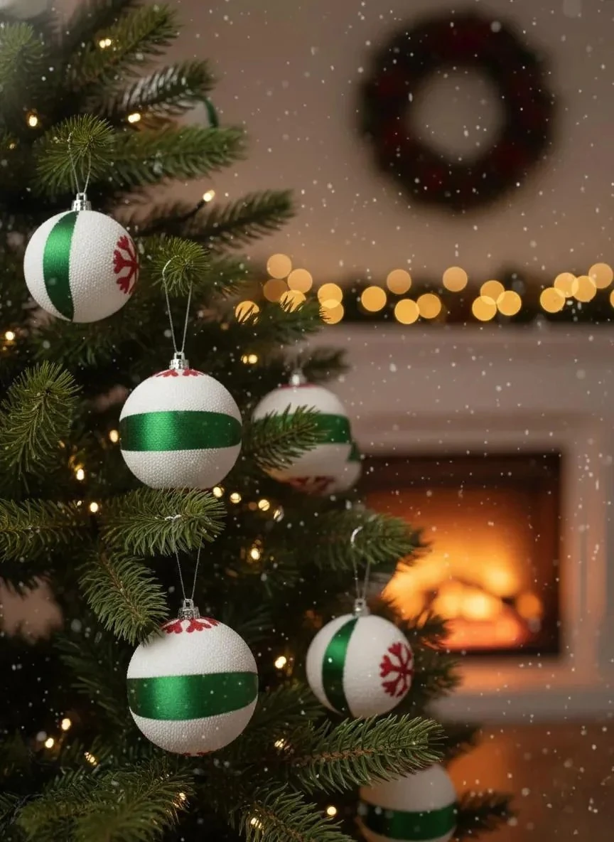 3'lü Beyaz-Yeşil Çizgili Kırmızı Kar Tanesi Desenli Dokulu Yılbaşı Süsü
