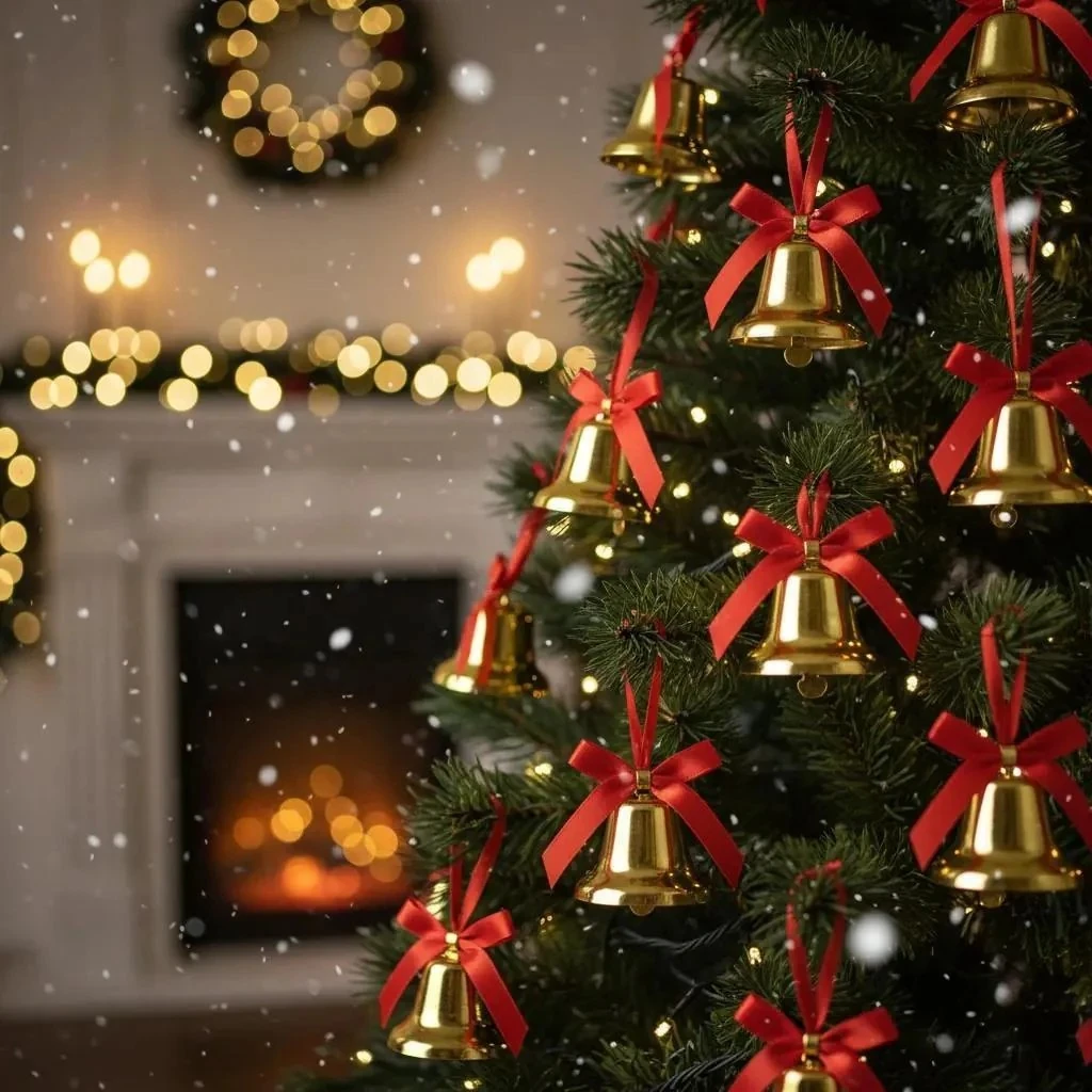 12'li Lüks Altın Rengi Yılbaşı Çanları Süsü Seti (Kırmızı Kurdeleli)