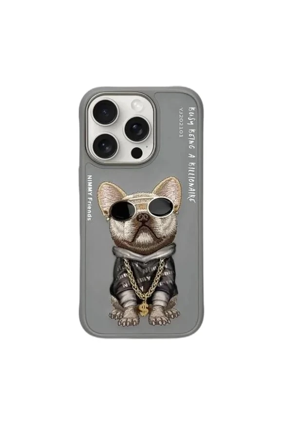 Nimmy iPhone 16 Pro Max Uyumlu 3D Gözlük Dolar Zincir Köpek Nakış İşlemeli Kabartmalı Cool Glasses Kılıf
