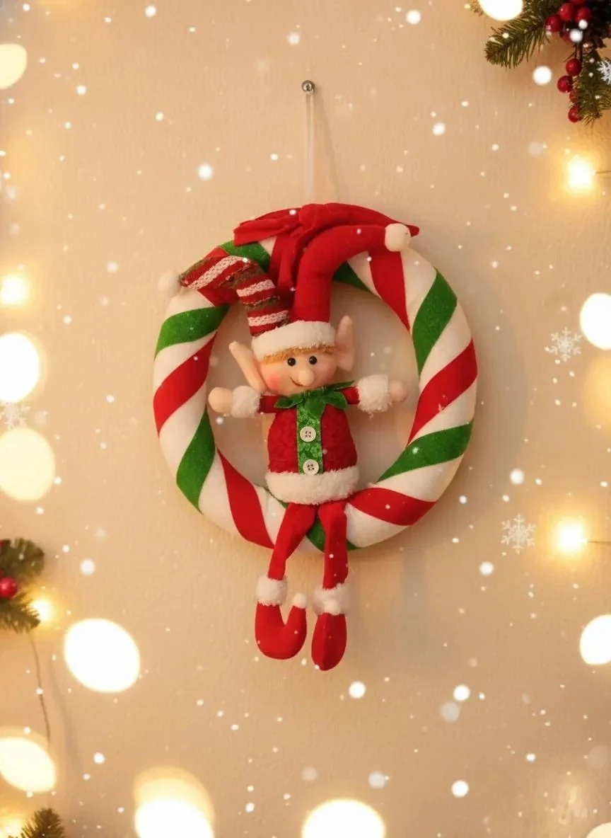 Kırmızı Yeşil Çizgili Elf Figürlü Premium Yılbaşı Kapı Çelenk Süsü