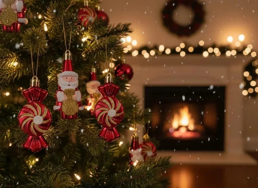 4'lü Noel Baba ve Şeker Temalı Kırmızı Yılbaşı Ağacı Süsü Seti