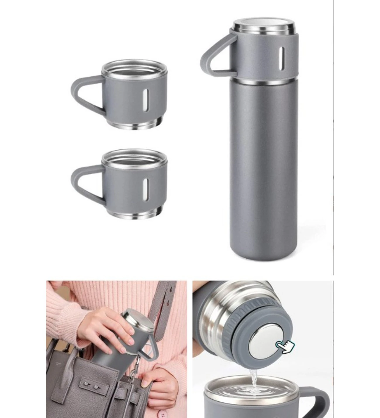 Üç Kapaklı Vacuum Flask Paslanmaz Çelik Termos Gri 500 Ml