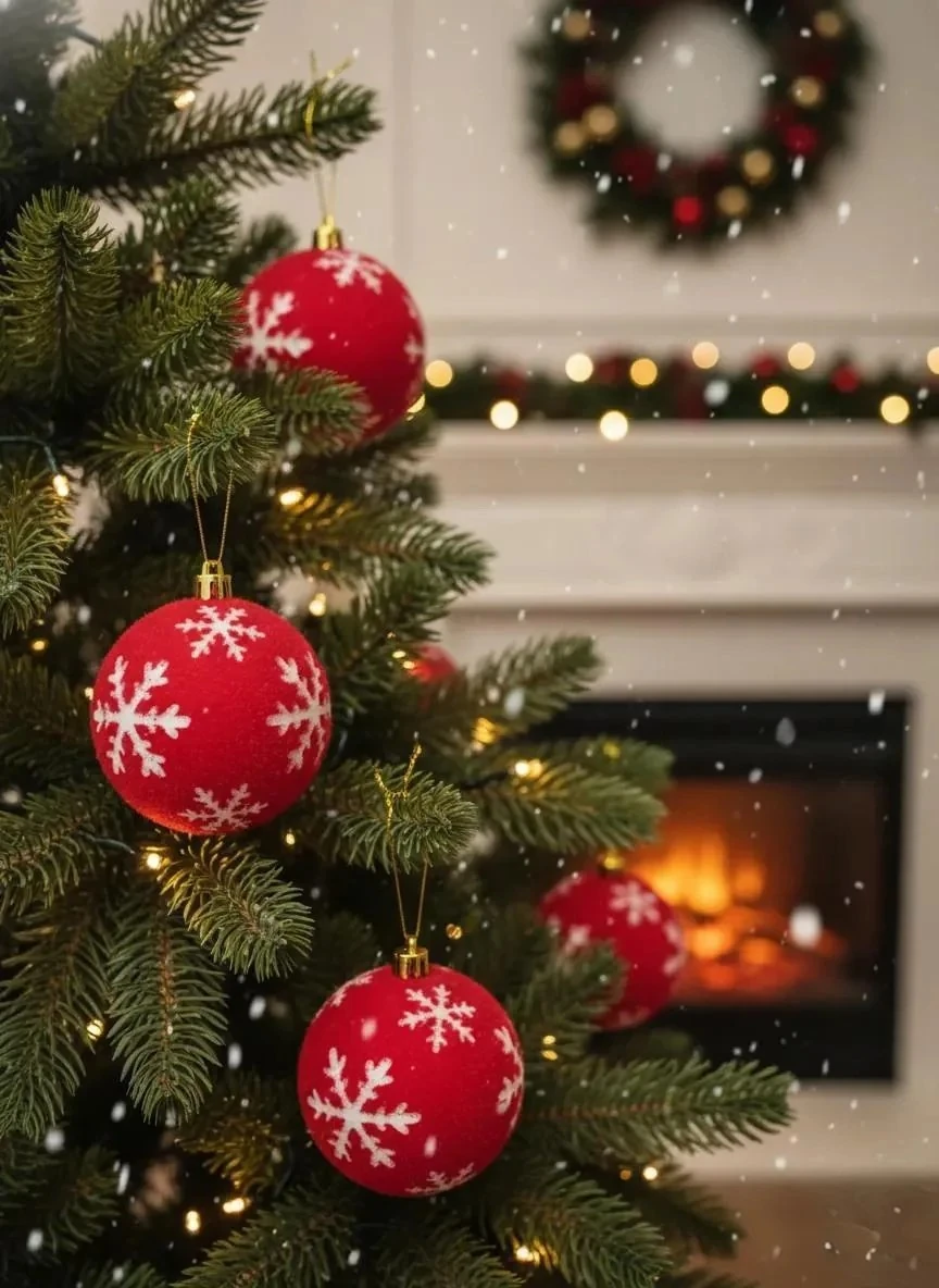 3'lü Kırmızı Kadife Görünümlü Kar Tanesi Desenli Yılbaşı Ağacı Topları Seti (8 cm)