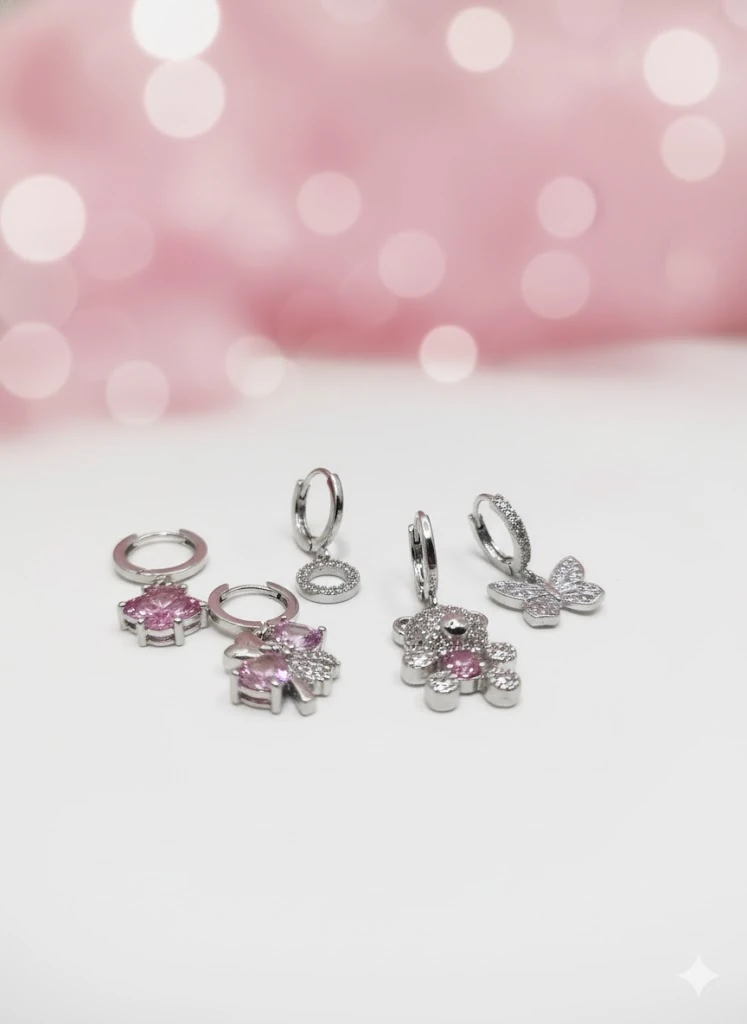 Zirkon Taşlı Yonca, Ayıcık, Kelebek Charm Halka Küpe Seti