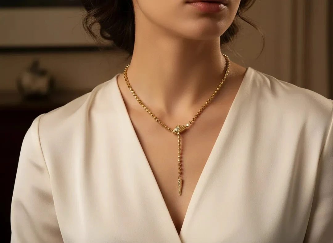 Yılan Başlı Boncuk Zincirli Paslanmaz Çelik Altın Kolye Gerdanlık