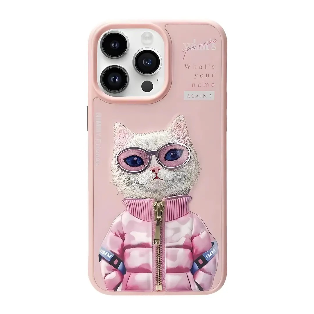 NIMMY iPhone 15 Pro 3D Gerçek Nakış İşleme Kabartmalı Kedi Fermuar Mont Gözlük Detaylı Cool Cute 2.0 White Rich And Beauty Kılıf