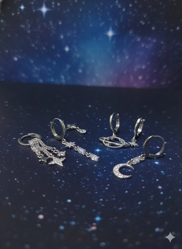 Zirkon Taşlı Ay, Yıldız, Gezegen Figürlü 5'li Halka Küpe Seti