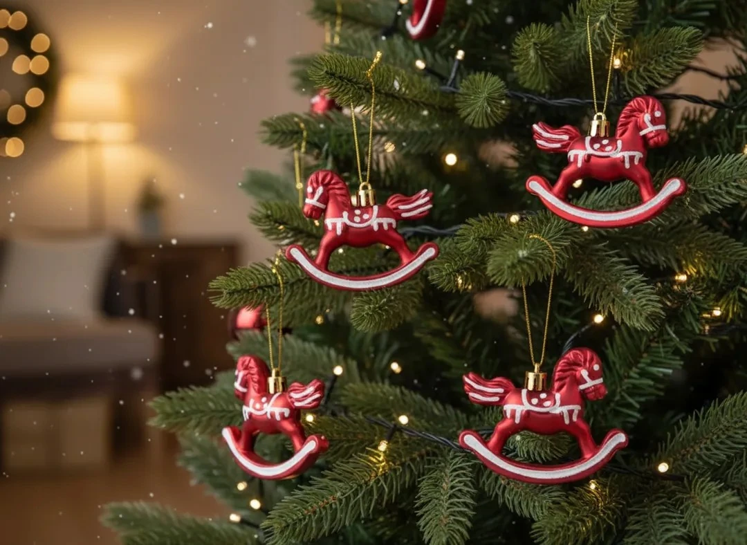 3'lü Kırmızı Beyaz Sallanan At Figürlü Nostaljik Yılbaşı Ağacı Süsü Seti