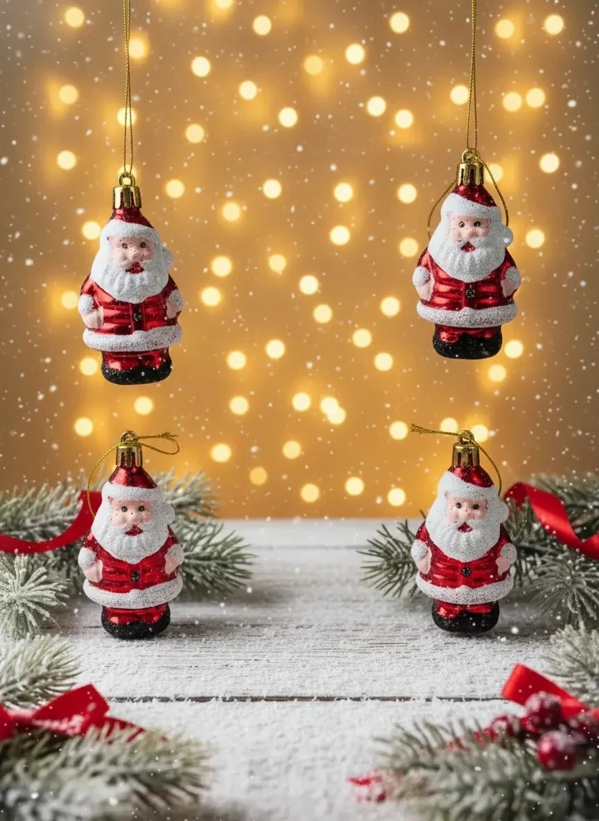 4'lü Neşeli Noel Baba Figürlü Kırmızı Beyaz Yılbaşı Ağacı Süsü Seti