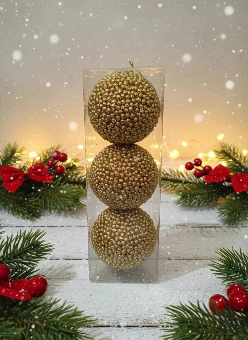 3'lü Altın Rengi Ponpon Dokulu Lüks Yılbaşı Ağacı Süsü Seti 8cm