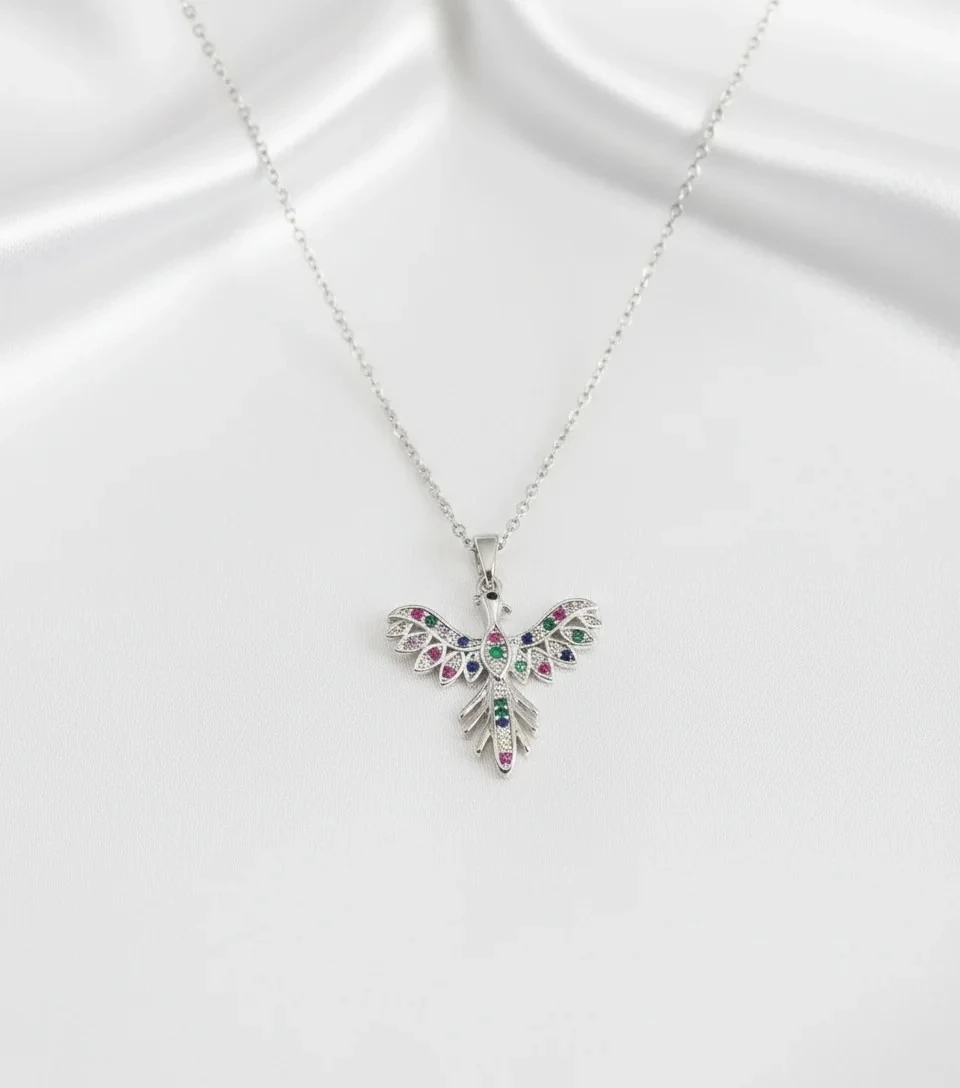 Renkli Zirkon Taşlı Gümüş Renk Kuş Model Kadın Kolye