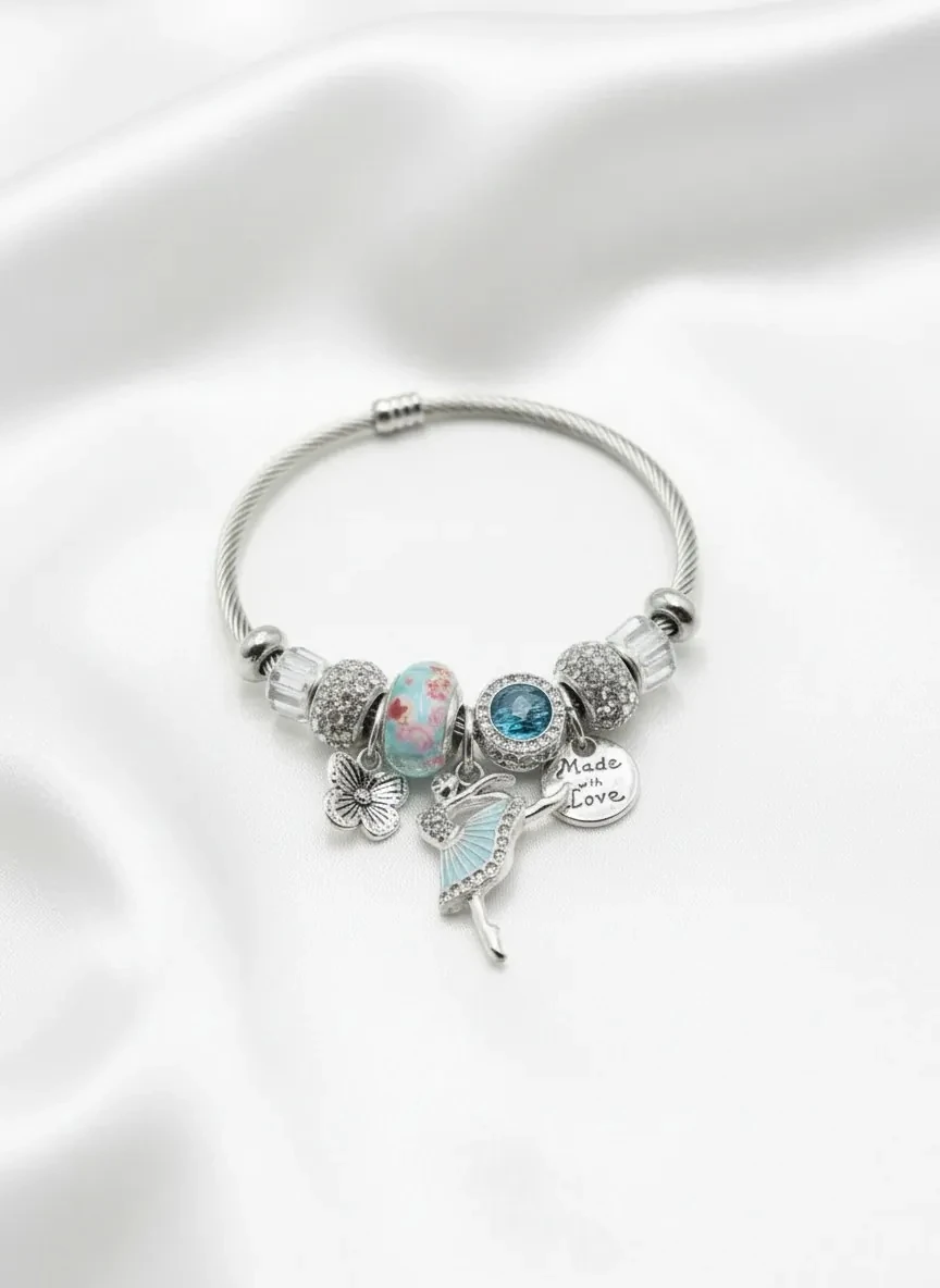 Paslanmaz Çelik Balerin Charm'lı Turkuaz Boncuklu Bileklik