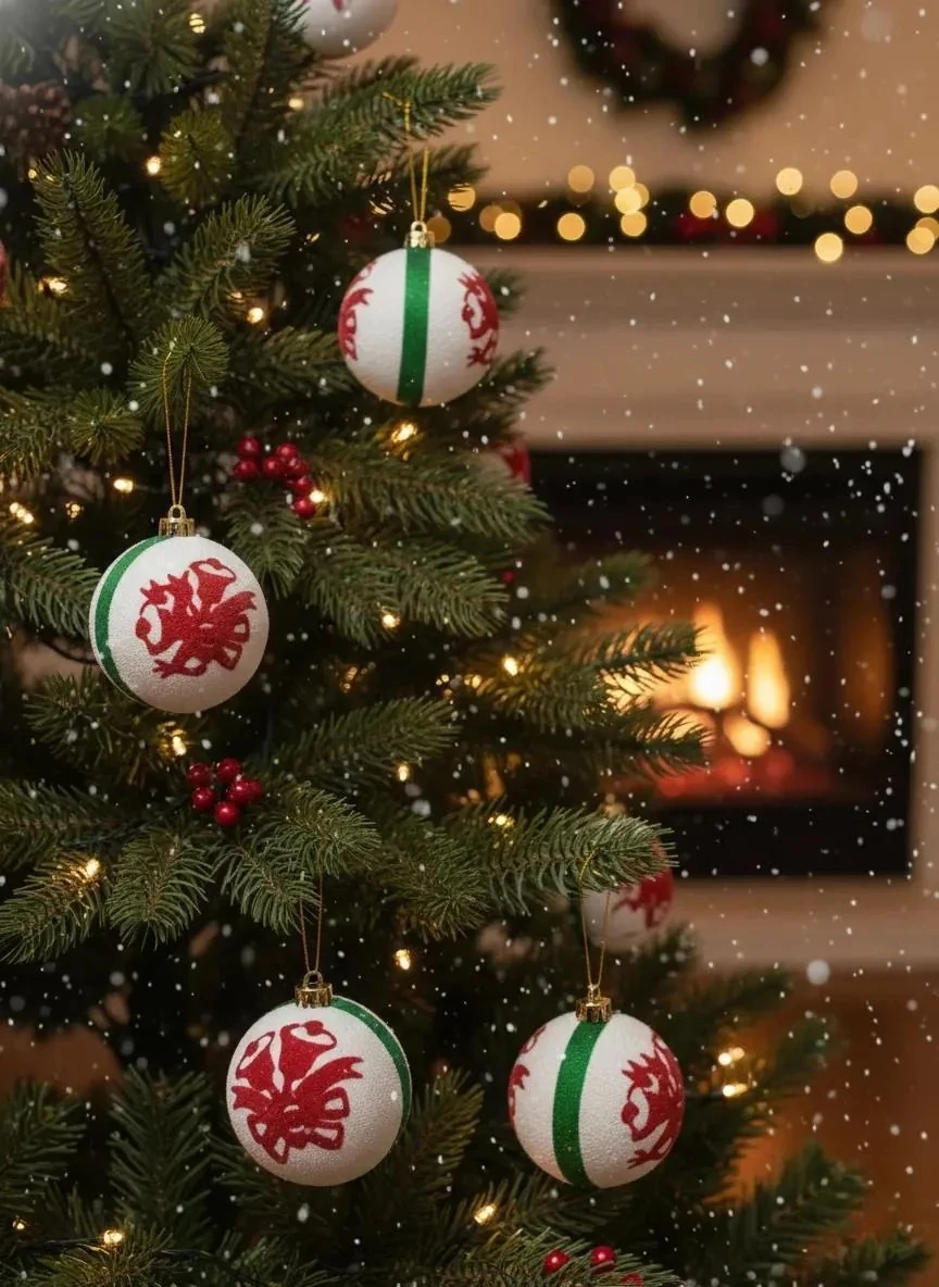 3'lü Beyaz Kırmızı Yeşil Ponpon Dokulu Yılbaşı Ağacı Süsü Seti