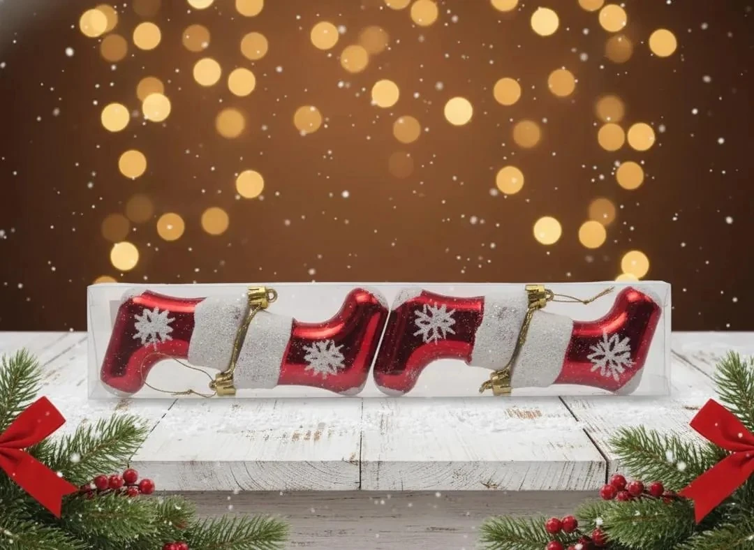 4'lü Kırmızı Kar Tanesi Desenli Yılbaşı Botları Süsü Seti