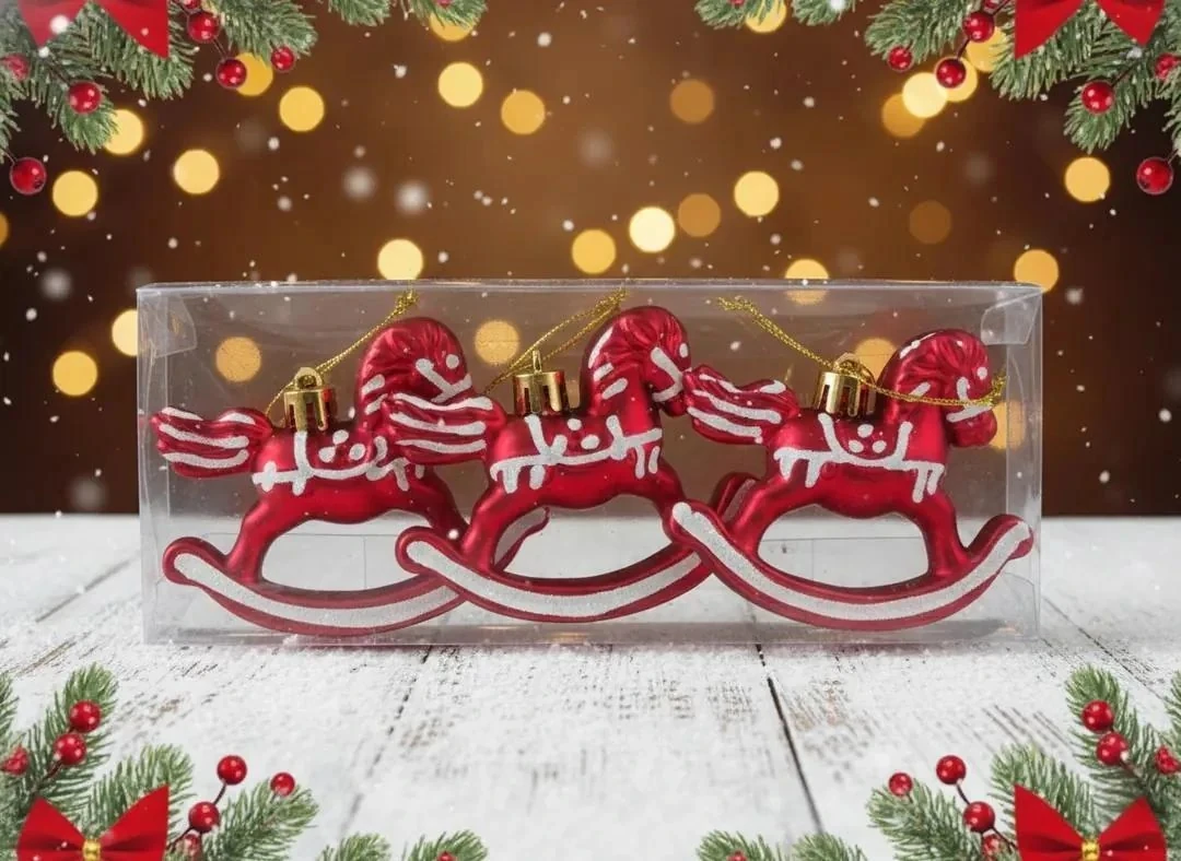 3'lü Kırmızı Beyaz Sallanan At Figürlü Nostaljik Yılbaşı Ağacı Süsü Seti