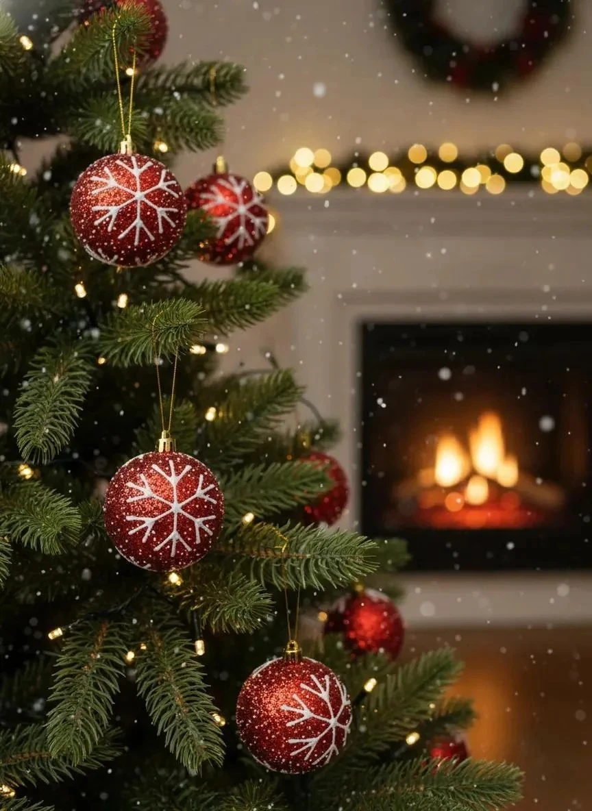 3'lü Kırmızı Kar Tanesi Desenli Ponpon Dokulu Yılbaşı Ağacı Süsü Seti 8cm