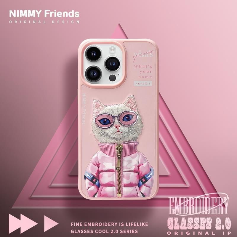 NIMMY iPhone 15 Pro 3D Gerçek Nakış İşleme Kabartmalı Kedi Fermuar Mont Gözlük Detaylı Cool Cute 2.0 White Rich And Beauty Kılıf