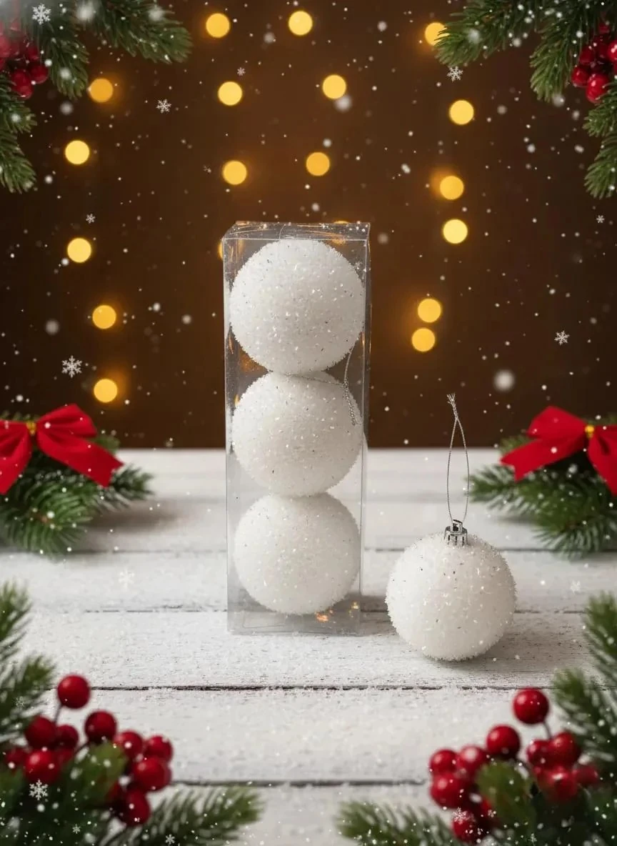 3'lü Lüks Beyaz Ponpon Dokulu Yılbaşı Ağacı Süsü Seti - Işıltılı