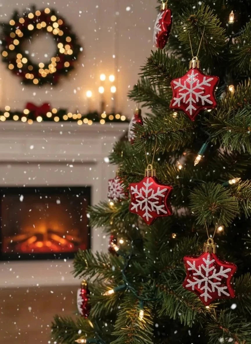 6'lı Kırmızı Altıgen (Heksagon) Kar Tanesi Desenli Yılbaşı Süsü Seti