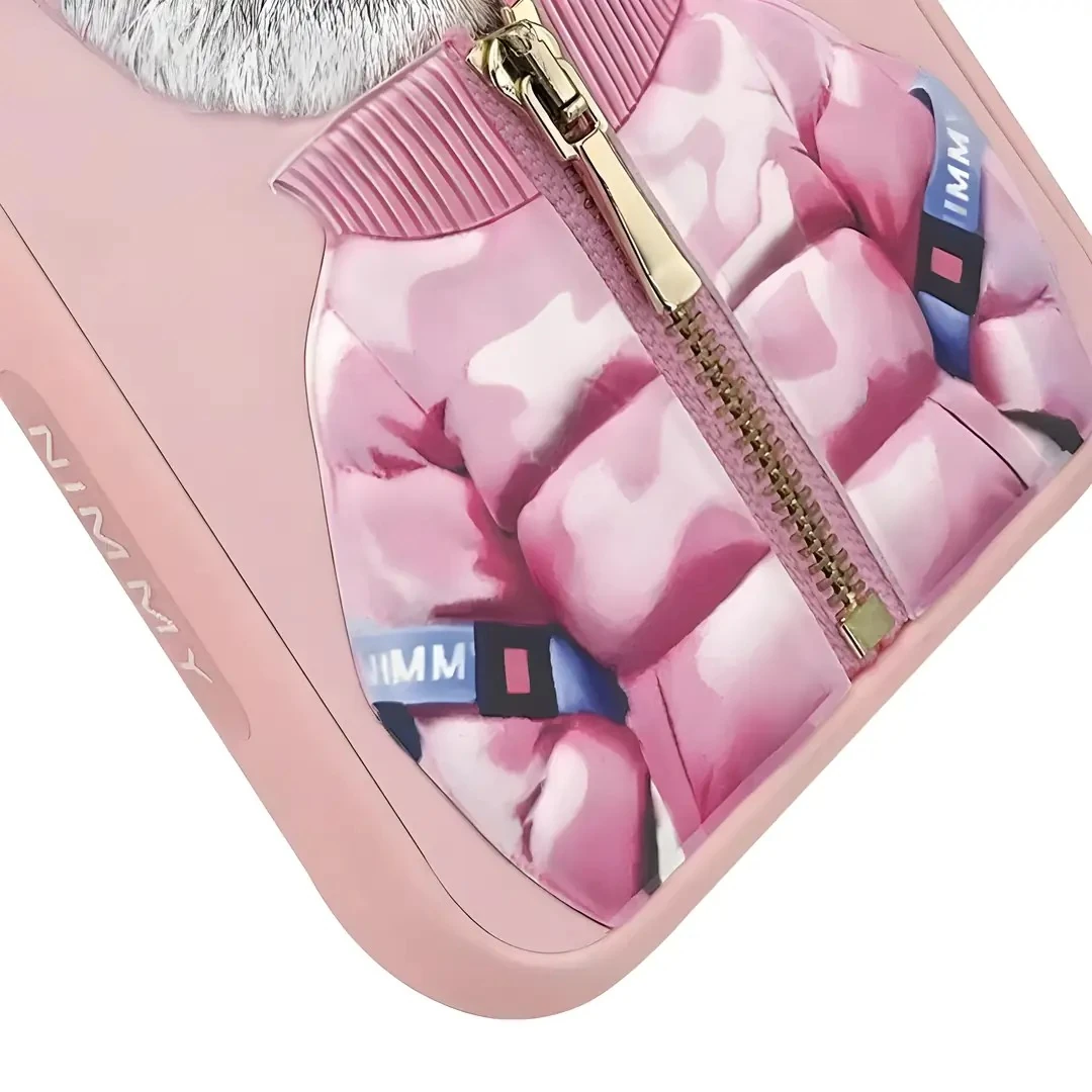 NIMMY iPhone 15 Pro Max 3D Gerçek Nakış İşlemeli Kabartmalı Gözlük Fermuar Mont Kedicik Detaylı Cool Cute 2.0 Silikon Kılıf