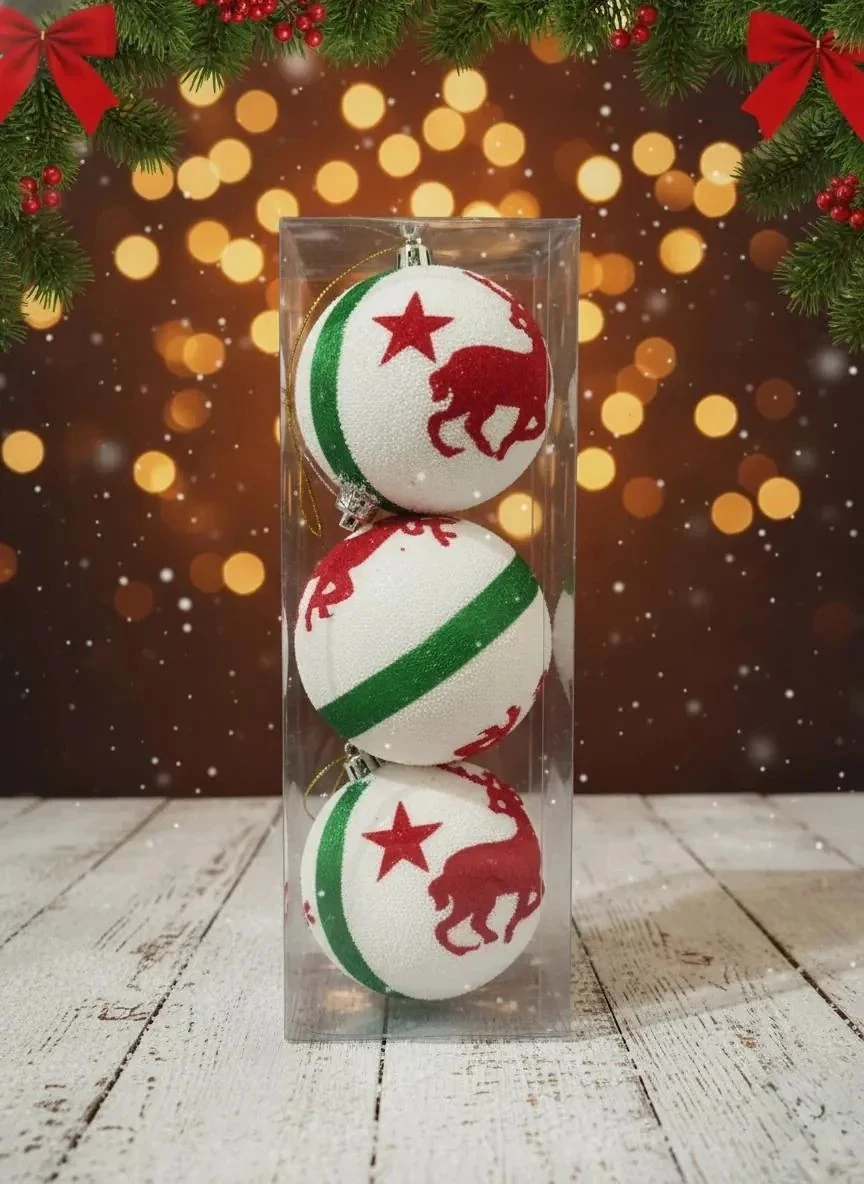 3'lü Kırmızı Geyik ve Yıldız Desenli Yeşil Çizgili Kumaş Yılbaşı Süsü Seti 8 cm