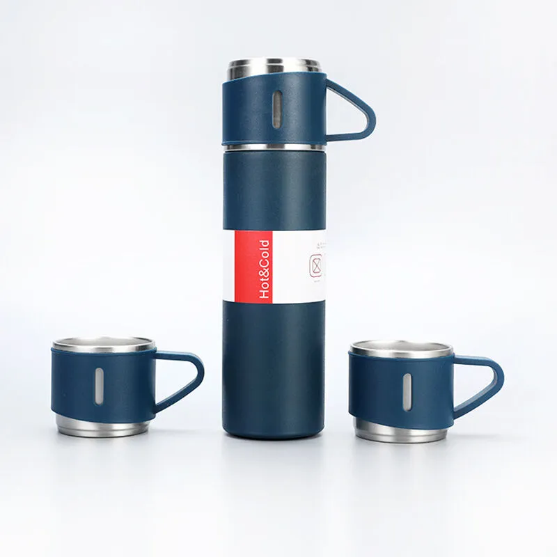 Üç Kapaklı Vacuum Flask Paslanmaz Çelik Termos Lacivert 500 Ml