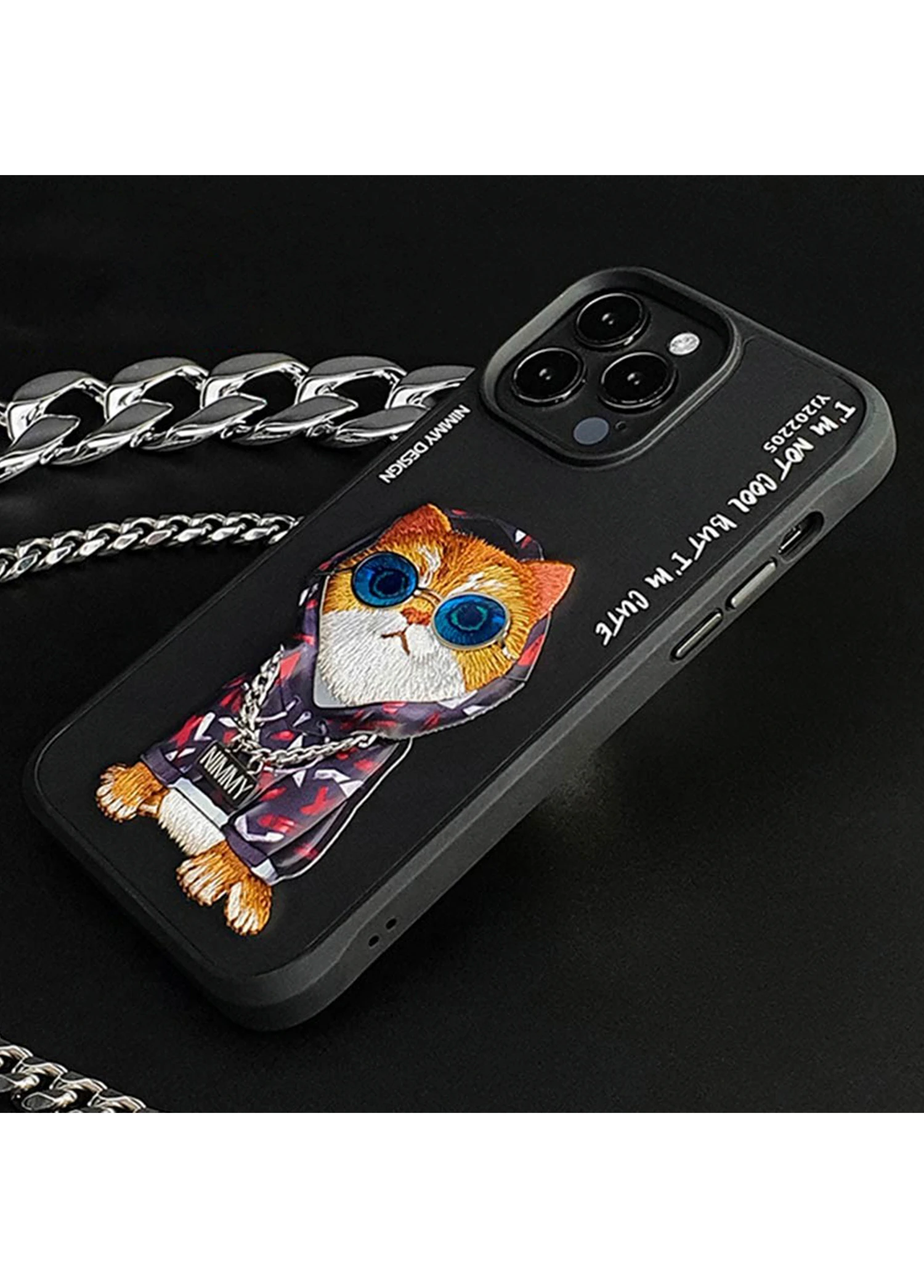 Nimmy iPhone 15 Pro Max Uyumlu 3D Gözlük Zincir Hipster Kedi Nakış İşlemeli Kabartmalı Cool Glasses Kılıf