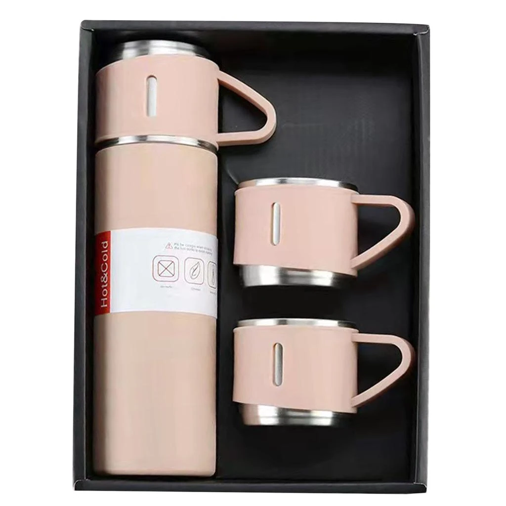 Üç Kapaklı Vacuum Flask Paslanmaz Çelik Termos Pembe 500 Ml