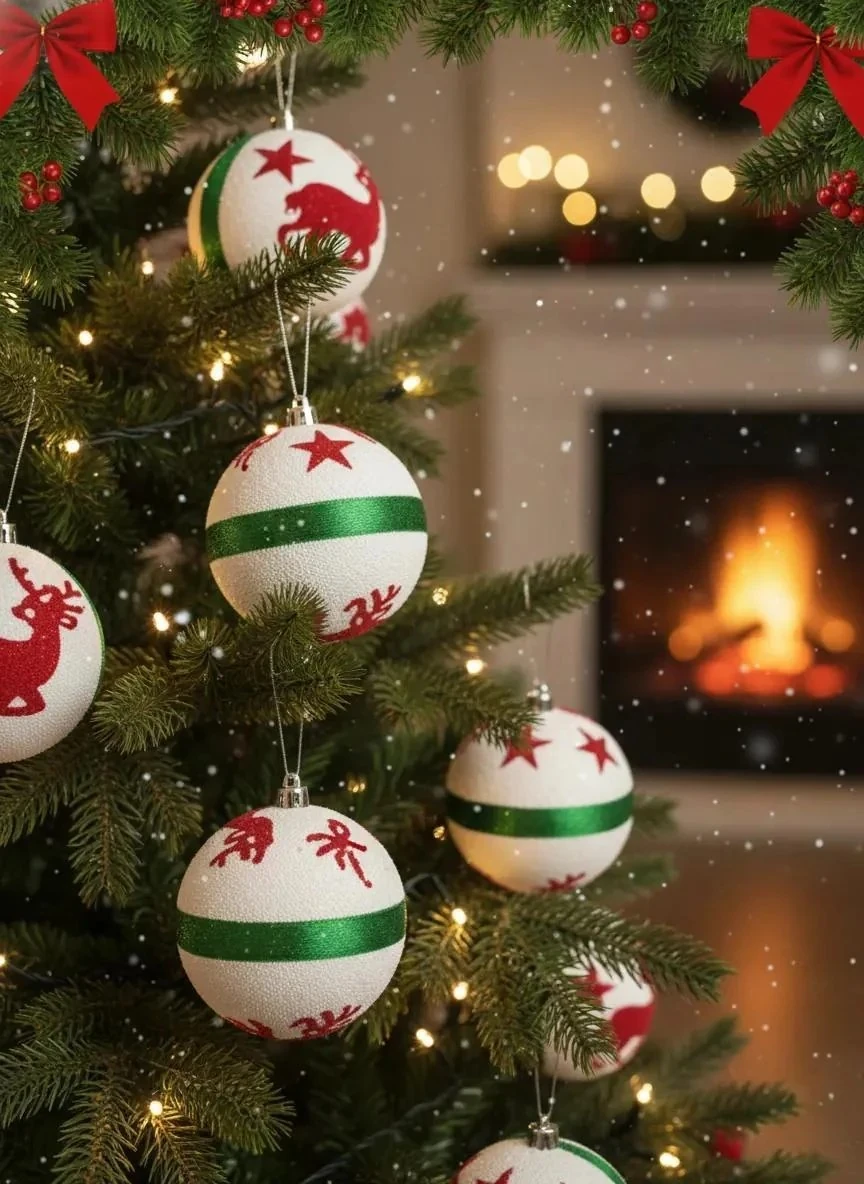 3'lü Kırmızı Geyik ve Yıldız Desenli Yeşil Çizgili Kumaş Yılbaşı Süsü Seti 8 cm