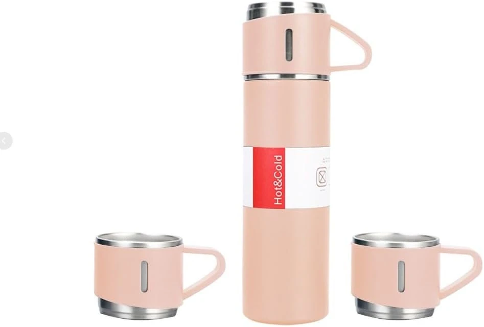 Üç Kapaklı Vacuum Flask Paslanmaz Çelik Termos Pembe 500 Ml